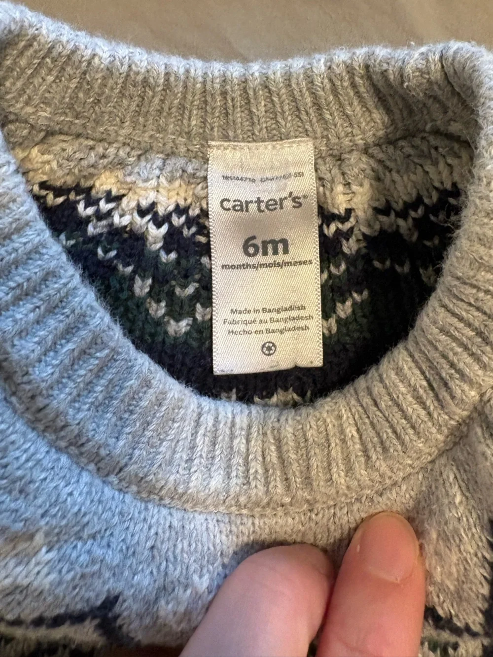 Carter's Light Gray Crewneck Winter Sweater with Navy & Cream Accents